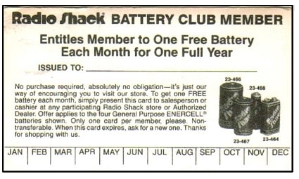 Radio Shack Battery of the Month card